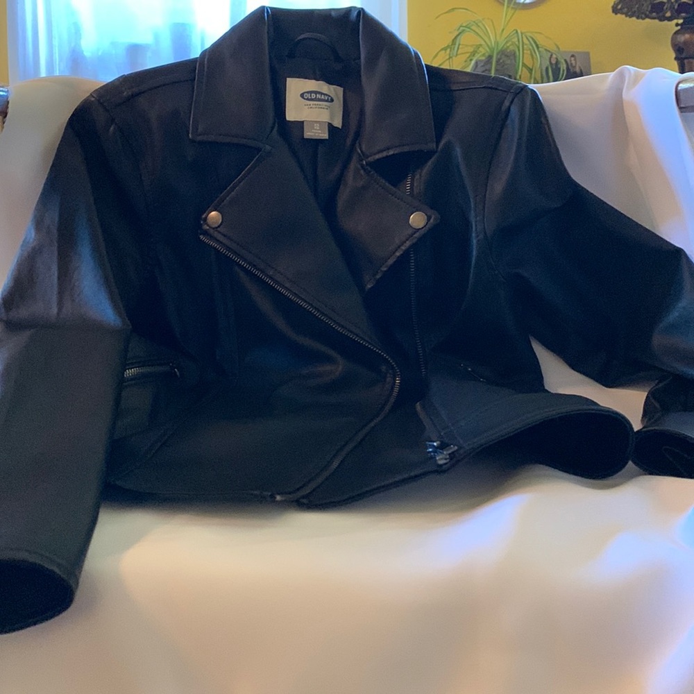 Girls black biker style synthetic leather coat